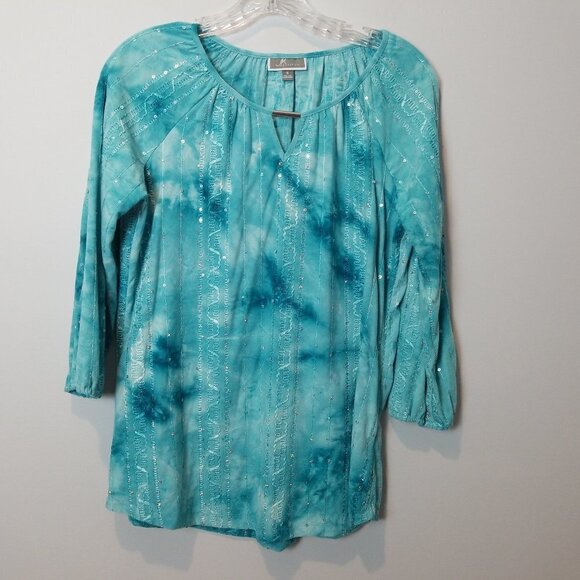 JM Colelction Tuquoise Sequin Tie Dye Blouse Small - Picture 1 of 10